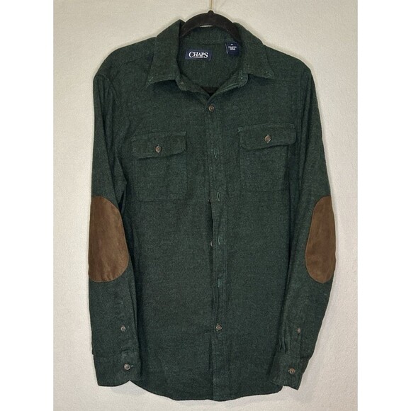 Chaps Mens Med Button Down Long Sleeve Flannel Shirt Elbow Patches Double Pocket - Picture 1 of 6